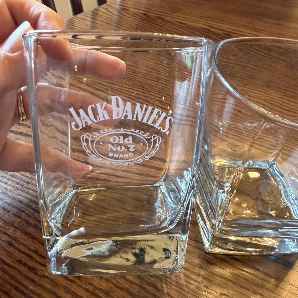 Vintage - Etched - Jack Daniels Old No. 7 Brand - Square Logo Glasses Set of 2